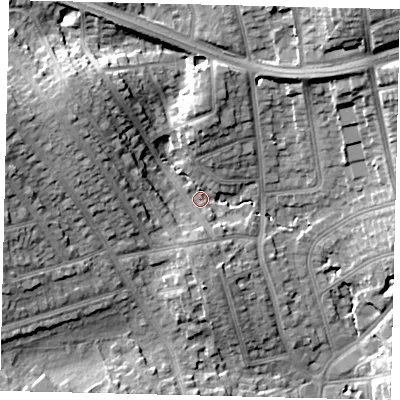 Shaded relief map of the ground around HA88HG, computed from Environment Agency LiDAR. The ground here sits at about 59 m above sea level and falls 20 m across the surrounding 800 m. Surface water reaching this point runs off ground lying to the west-north-west, 12.4 m higher.