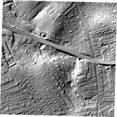 Shaded relief map of the ground around HA88HJ, computed from Environment Agency LiDAR. The ground here sits at about 63 m above sea level and falls 20 m across the surrounding 800 m. Surface water reaching this point runs off ground lying to the west-south-west, 5.2 m higher.