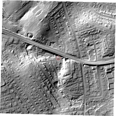 Shaded relief map of the ground around HA88HL, computed from Environment Agency LiDAR. The ground here sits at about 61 m above sea level and falls 19 m across the surrounding 800 m. Surface water reaching this point runs off ground lying to the west-south-west, 13.4 m higher.