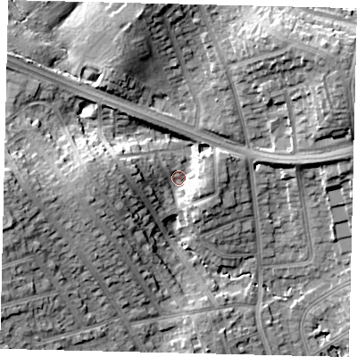 Shaded relief map of the ground around HA88HN, computed from Environment Agency LiDAR. The ground here sits at about 60 m above sea level and falls 21 m across the surrounding 800 m. Surface water reaching this point runs off ground lying to the west, 13.7 m higher.