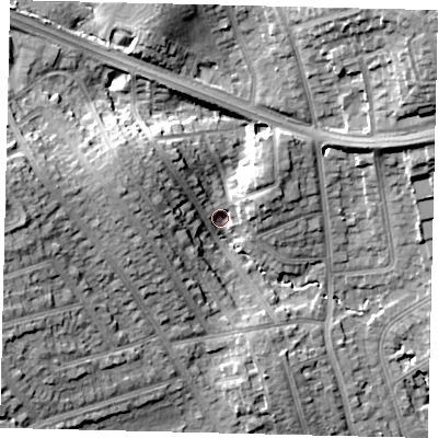 Shaded relief map of the ground around HA88HP, computed from Environment Agency LiDAR. The ground here sits at about 59 m above sea level and falls 22 m across the surrounding 800 m. Surface water reaching this point runs off ground lying to the west-north-west, 13.8 m higher.