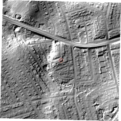 Shaded relief map of the ground around HA88HR, computed from Environment Agency LiDAR. The ground here sits at about 64 m above sea level and falls 22 m across the surrounding 800 m. Surface water reaching this point runs off ground lying to the north-north-west, 1.2 m higher.
