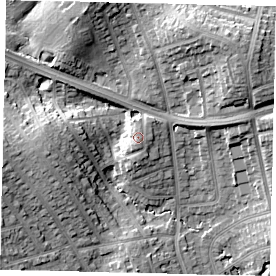 Shaded relief map of the ground around HA88HS, computed from Environment Agency LiDAR. The ground here sits at about 65 m above sea level and falls 21 m across the surrounding 800 m. Surface water reaching this point runs off ground lying to the south-south-east, 0.5 m higher.