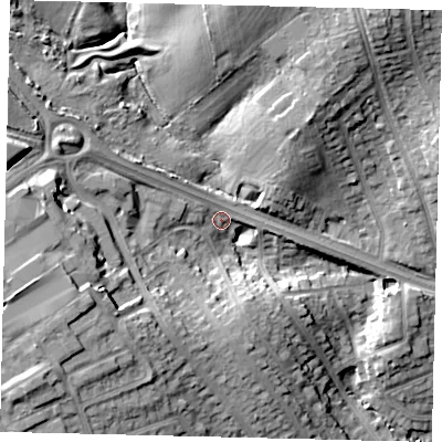 Shaded relief map of the ground around HA88HT, computed from Environment Agency LiDAR. The ground here sits at about 64 m above sea level and falls 20 m across the surrounding 800 m. Surface water reaching this point runs off ground lying to the west-north-west, 13.6 m higher.