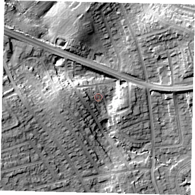 Shaded relief map of the ground around HA88HW, computed from Environment Agency LiDAR. The ground here sits at about 62 m above sea level and falls 21 m across the surrounding 800 m. Surface water reaching this point runs off ground lying to the west, 6.0 m higher.