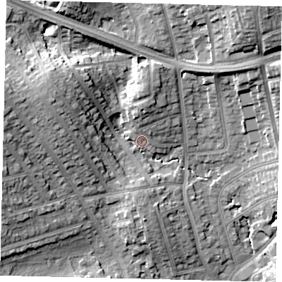 Shaded relief map of the ground around HA88JE, computed from Environment Agency LiDAR. The ground here sits at about 59 m above sea level and falls 21 m across the surrounding 800 m. Surface water reaching this point runs off ground lying to the west-north-west, 12.4 m higher.