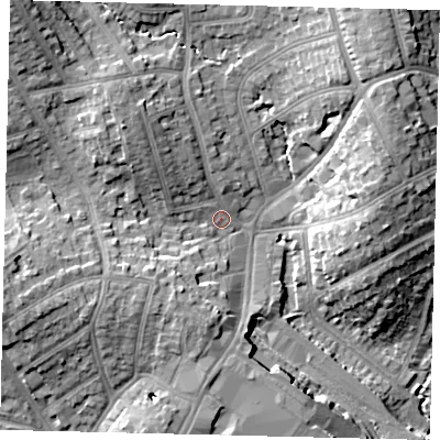 Shaded relief map of the ground around HA88LH, computed from Environment Agency LiDAR. The ground here sits at about 56 m above sea level and falls 18 m across the surrounding 800 m. Surface water reaching this point runs off ground lying to the north-west, 11.9 m higher.