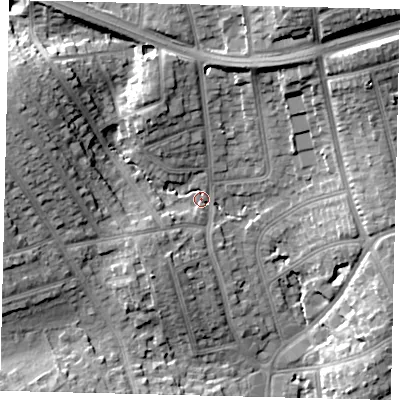 Shaded relief map of the ground around HA88LU, computed from Environment Agency LiDAR. The ground here sits at about 58 m above sea level and falls 20 m across the surrounding 800 m. Surface water reaching this point runs off ground lying to the north-north-east, 16.6 m higher.