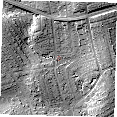 Shaded relief map of the ground around HA88LX, computed from Environment Agency LiDAR. The ground here sits at about 57 m above sea level and falls 20 m across the surrounding 800 m. Surface water reaching this point runs off ground lying to the north-north-east, 17.4 m higher.
