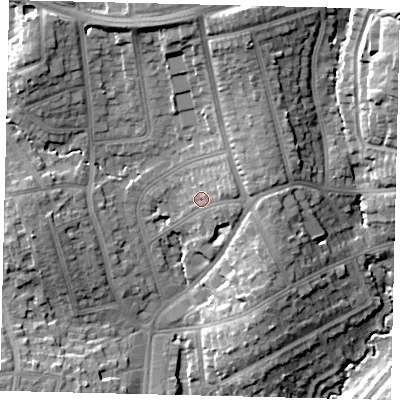 Shaded relief map of the ground around HA88NS, computed from Environment Agency LiDAR. The ground here sits at about 60 m above sea level and falls 19 m across the surrounding 800 m. Surface water reaching this point runs off ground lying to the east-north-east, 4.9 m higher.