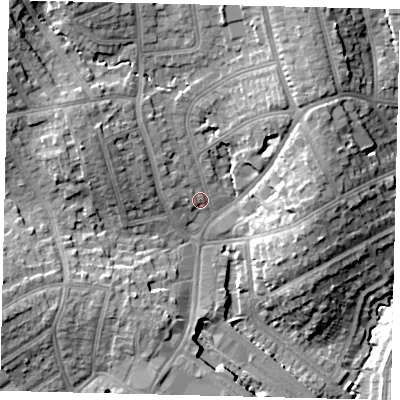 Shaded relief map of the ground around HA88PP, computed from Environment Agency LiDAR. The ground here sits at about 56 m above sea level and falls 16 m across the surrounding 800 m. Surface water reaching this point runs off ground lying to the north-north-east, 10.6 m higher.