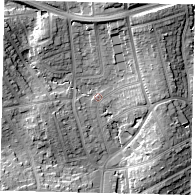 Shaded relief map of the ground around HA88PS, computed from Environment Agency LiDAR. The ground here sits at about 57 m above sea level and falls 19 m across the surrounding 800 m. Surface water reaching this point runs off ground lying to the north-north-east, 14.7 m higher.