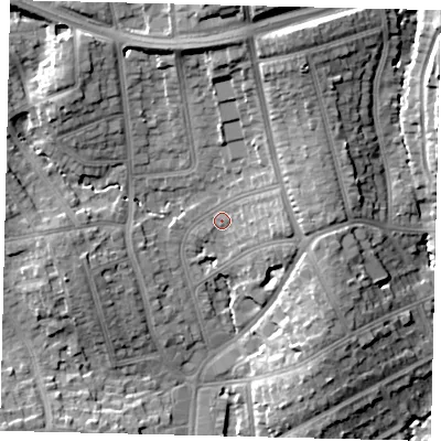 Shaded relief map of the ground around HA88PT, computed from Environment Agency LiDAR. The ground here sits at about 58 m above sea level and falls 21 m across the surrounding 800 m. Surface water reaching this point runs off ground lying to the east, 5.8 m higher.