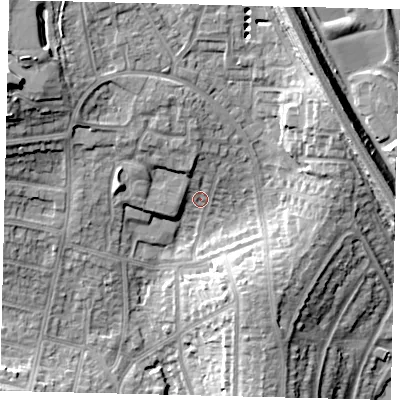 Shaded relief map of the ground around HA88TA, computed from Environment Agency LiDAR. The ground here sits at about 68 m above sea level and falls 20 m across the surrounding 800 m. Surface water reaching this point runs off ground lying to the north-north-west, 6.3 m higher.