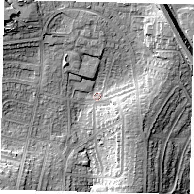 Shaded relief map of the ground around HA88TB, computed from Environment Agency LiDAR. The ground here sits at about 67 m above sea level and falls 24 m across the surrounding 800 m. Surface water reaching this point runs off ground lying to the north-west, 15.8 m higher.