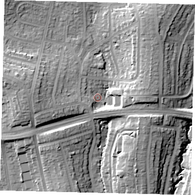 Shaded relief map of the ground around HA88TU, computed from Environment Agency LiDAR. The ground here sits at about 63 m above sea level and falls 20 m across the surrounding 800 m. Surface water reaching this point runs off ground lying to the west-north-west, 15.1 m higher.