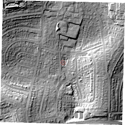 Shaded relief map of the ground around HA88UB, computed from Environment Agency LiDAR. The ground here sits at about 66 m above sea level and falls 23 m across the surrounding 800 m. Surface water reaching this point runs off ground lying to the north-west, 18.0 m higher.