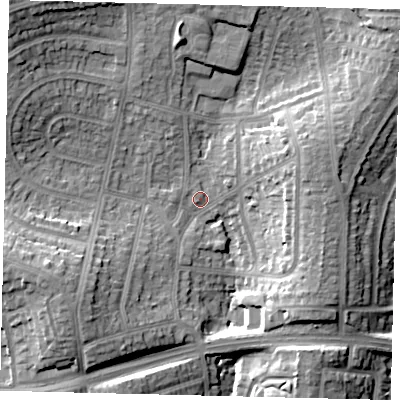 Shaded relief map of the ground around HA88UD, computed from Environment Agency LiDAR. The ground here sits at about 65 m above sea level and falls 19 m across the surrounding 800 m. Surface water reaching this point runs off ground lying to the south-west, 4.1 m higher.