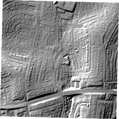 Shaded relief map of the ground around HA88UE, computed from Environment Agency LiDAR. The ground here sits at about 65 m above sea level and falls 18 m across the surrounding 800 m. Surface water reaching this point runs off ground lying to the west-south-west, 4.4 m higher.