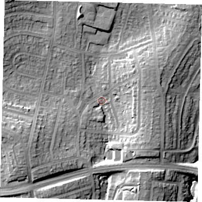 Shaded relief map of the ground around HA88UP, computed from Environment Agency LiDAR. The ground here sits at about 64 m above sea level and falls 20 m across the surrounding 800 m. Surface water reaching this point runs off ground lying to the south-west, 4.7 m higher.