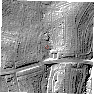 Shaded relief map of the ground around HA88UQ, computed from Environment Agency LiDAR. The ground here sits at about 63 m above sea level and falls 20 m across the surrounding 800 m. Surface water reaching this point runs off ground lying to the west-south-west, 11.1 m higher.