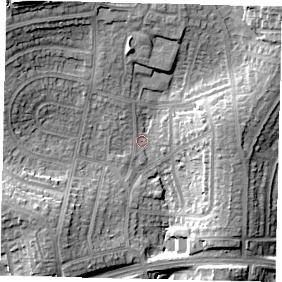 Shaded relief map of the ground around HA88UU, computed from Environment Agency LiDAR. The ground here sits at about 65 m above sea level and falls 23 m across the surrounding 800 m. Surface water reaching this point runs off ground lying to the south-west, 10.1 m higher.