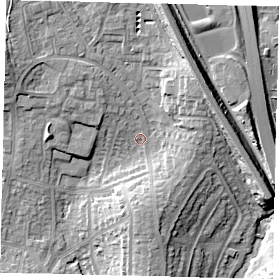 Shaded relief map of the ground around HA88XB, computed from Environment Agency LiDAR. The ground here sits at about 69 m above sea level and falls 17 m across the surrounding 800 m. Surface water reaching this point runs off ground lying to the north-west, 5.1 m higher.
