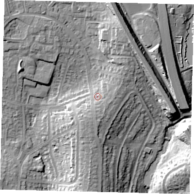 Shaded relief map of the ground around HA88XD, computed from Environment Agency LiDAR. The ground here sits at about 72 m above sea level and falls 19 m across the surrounding 800 m. Surface water reaching this point runs off ground lying to the south, 4.0 m higher.