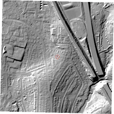 Shaded relief map of the ground around HA88XE, computed from Environment Agency LiDAR. The ground here sits at about 71 m above sea level and falls 17 m across the surrounding 800 m. Surface water reaching this point runs off ground lying to the east, 2.5 m higher.