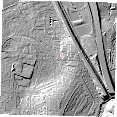 Shaded relief map of the ground around HA88XF, computed from Environment Agency LiDAR. The ground here sits at about 70 m above sea level and falls 18 m across the surrounding 800 m. Surface water reaching this point runs off ground lying to the north, 9.9 m higher.