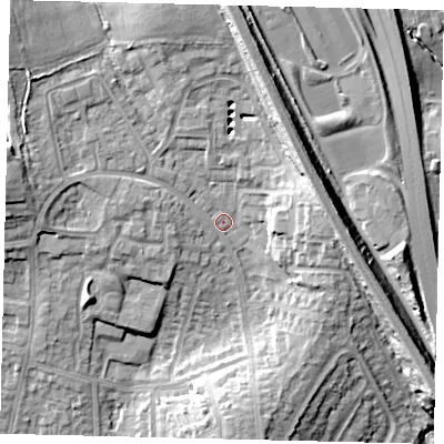Shaded relief map of the ground around HA88XH, computed from Environment Agency LiDAR. The ground here sits at about 71 m above sea level and falls 18 m across the surrounding 800 m. Surface water reaching this point runs off ground lying to the north, 10.3 m higher.