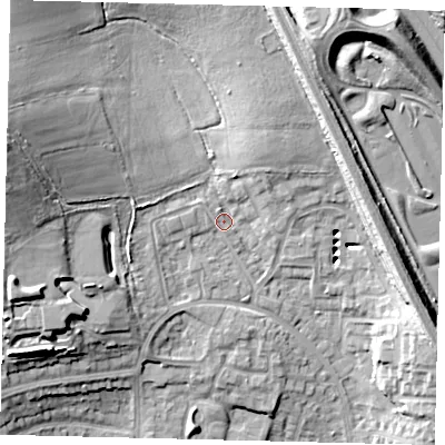 Shaded relief map of the ground around HA88XL, computed from Environment Agency LiDAR. The ground here sits at about 74 m above sea level and falls 22 m across the surrounding 800 m. Surface water reaching this point runs off ground lying to the west-north-west, 17.1 m higher.