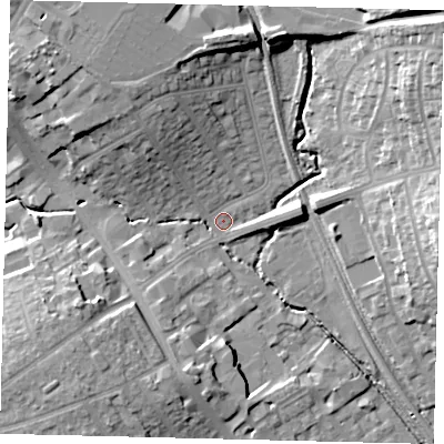 Shaded relief map of the ground around HA89AD, computed from Environment Agency LiDAR. The ground here sits at about 49 m above sea level and falls 18 m across the surrounding 800 m. Surface water reaching this point runs off ground lying to the north-east, 16.7 m higher.