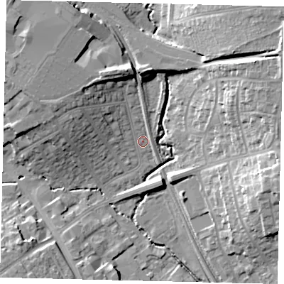 Shaded relief map of the ground around HA89AF, computed from Environment Agency LiDAR. The ground here sits at about 50 m above sea level and falls 19 m across the surrounding 800 m. Surface water reaching this point runs off ground lying to the north-west, 11.8 m higher.