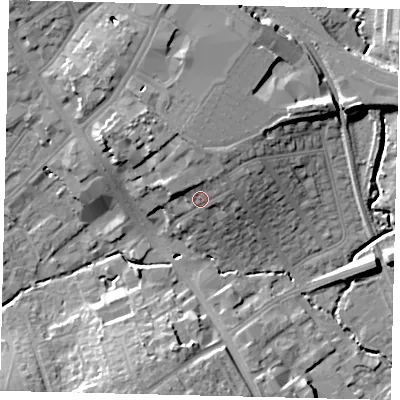 Shaded relief map of the ground around HA89AN, computed from Environment Agency LiDAR. The ground here sits at about 56 m above sea level and falls 16 m across the surrounding 800 m. Surface water reaching this point runs off ground lying to the north, 5.2 m higher.