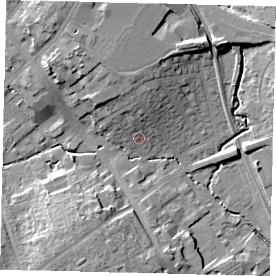 Shaded relief map of the ground around HA89AR, computed from Environment Agency LiDAR. The ground here sits at about 52 m above sea level and falls 16 m across the surrounding 800 m. Surface water reaching this point runs off ground lying to the north, 7.1 m higher.