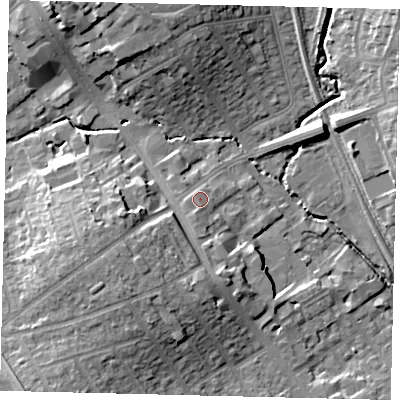 Shaded relief map of the ground around HA89BA, computed from Environment Agency LiDAR. The ground here sits at about 52 m above sea level and falls 15 m across the surrounding 800 m. Surface water reaching this point runs off ground lying to the south-south-west, 2.8 m higher.