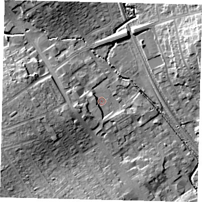 Shaded relief map of the ground around HA89BD, computed from Environment Agency LiDAR. The ground here sits at about 49 m above sea level and falls 19 m across the surrounding 800 m. Surface water reaching this point runs off ground lying to the west-south-west, 6.4 m higher.