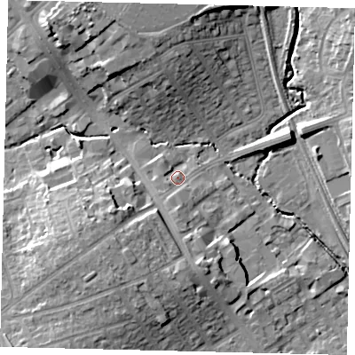 Shaded relief map of the ground around HA89BE, computed from Environment Agency LiDAR. The ground here sits at about 51 m above sea level and falls 16 m across the surrounding 800 m. Surface water reaching this point runs off ground lying to the west-south-west, 3.7 m higher.