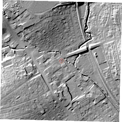 Shaded relief map of the ground around HA89BG, computed from Environment Agency LiDAR. The ground here sits at about 49 m above sea level and falls 17 m across the surrounding 800 m. Surface water reaching this point runs off ground lying to the north-east, 15.8 m higher.