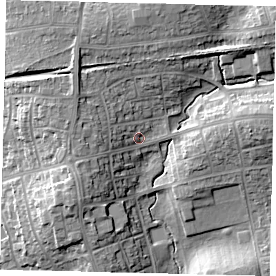 Shaded relief map of the ground around HA89BS, computed from Environment Agency LiDAR. The ground here sits at about 56 m above sea level and falls 16 m across the surrounding 800 m. Surface water reaching this point runs off ground lying to the west, 10.1 m higher.