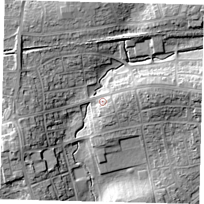 Shaded relief map of the ground around HA89DJ, computed from Environment Agency LiDAR. The ground here sits at about 57 m above sea level and falls 16 m across the surrounding 800 m. Surface water reaching this point runs off ground lying to the east, 8.9 m higher.