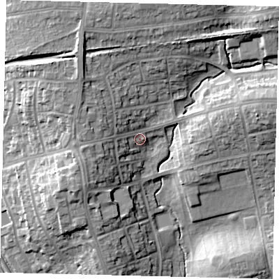 Shaded relief map of the ground around HA89DL, computed from Environment Agency LiDAR. The ground here sits at about 56 m above sea level and falls 17 m across the surrounding 800 m. Surface water reaching this point runs off ground lying to the west-north-west, 6.8 m higher.