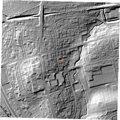 Shaded relief map of the ground around HA89EG, computed from Environment Agency LiDAR. The ground here sits at about 58 m above sea level and falls 19 m across the surrounding 800 m. Surface water reaching this point runs off ground lying to the west, 6.7 m higher.