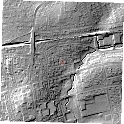 Shaded relief map of the ground around HA89EN, computed from Environment Agency LiDAR. The ground here sits at about 57 m above sea level and falls 16 m across the surrounding 800 m. Surface water reaching this point runs off ground lying to the north, 8.6 m higher.