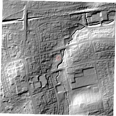 Shaded relief map of the ground around HA89EQ, computed from Environment Agency LiDAR. The ground here sits at about 54 m above sea level and falls 16 m across the surrounding 800 m. Surface water reaching this point runs off ground lying to the west-south-west, 11.3 m higher.