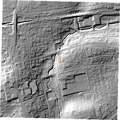Shaded relief map of the ground around HA89ET, computed from Environment Agency LiDAR. The ground here sits at about 56 m above sea level and falls 16 m across the surrounding 800 m. Surface water reaching this point runs off ground lying to the north-east, 13.1 m higher.