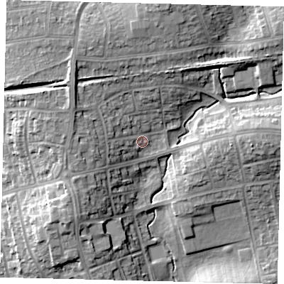 Shaded relief map of the ground around HA89EW, computed from Environment Agency LiDAR. The ground here sits at about 56 m above sea level and falls 16 m across the surrounding 800 m. Surface water reaching this point runs off ground lying to the west, 10.1 m higher.