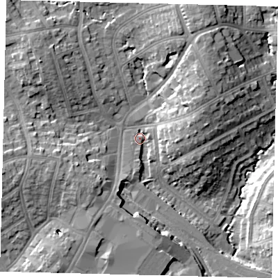 Shaded relief map of the ground around HA89GJ, computed from Environment Agency LiDAR. The ground here sits at about 55 m above sea level and falls 16 m across the surrounding 800 m. Surface water reaching this point runs off ground lying to the north-north-east, 11.6 m higher.