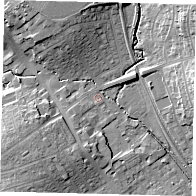 Shaded relief map of the ground around HA89GL, computed from Environment Agency LiDAR. The ground here sits at about 49 m above sea level and falls 18 m across the surrounding 800 m. Surface water reaching this point runs off ground lying to the north-east, 16.1 m higher.